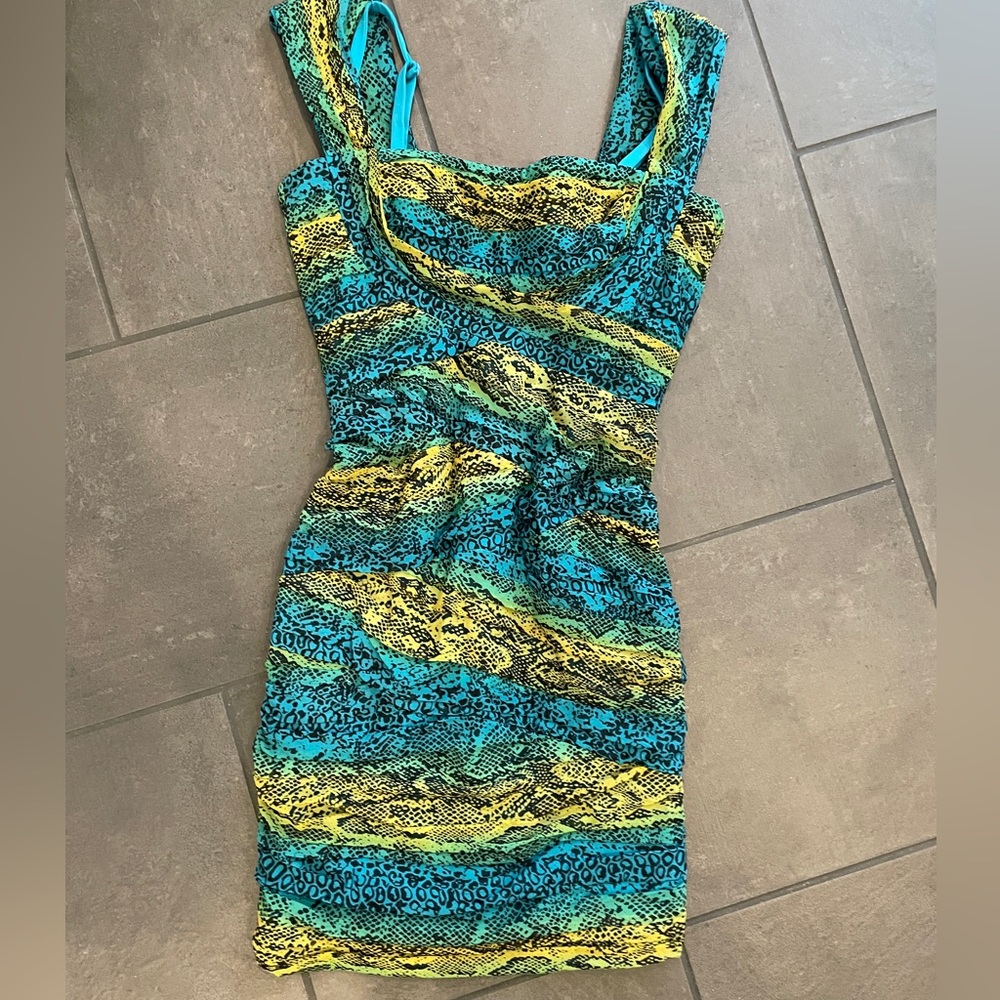 BCBG Max Azria Ivita Blue Snakeskin Print Mesh Ruched Dress Cocktail Size S